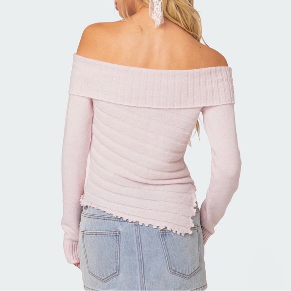Edikted Pale Pink Off-Shoulder Fold Over Knit Top - Picture 2 of 2